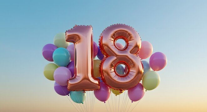 Eighteen Rose Gold Balloons Celebrate a Milestone Birthday Against a Sunset Sky