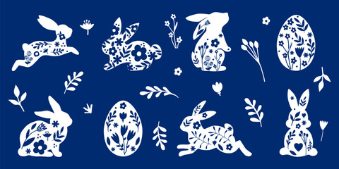 Happy Easter, decorated Easter card, banner. Bunnies, Easter eggs, flowers and a basket. Patterned design in folk style. Vector illustration.