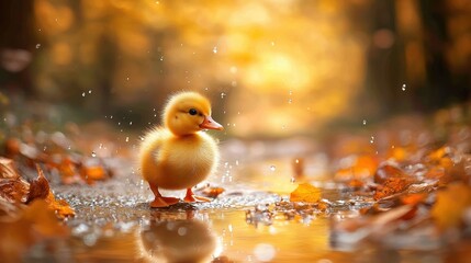 A fluffy duckling in a puddle on a fall day.  A sweet and innocent duckling stands in a shallow puddle, surrounded by autumn leaves.  Water droplets sparkle around it in a warm, golden light