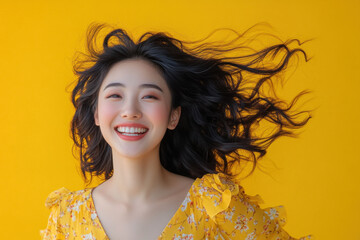 Studio portrait of beautiful smiling CHINESE woman in YELLOW dress on YELLOW solid background