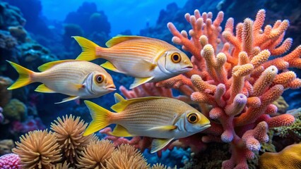 Colorful Coral Reef with Tropical Fish Swimming Among Coral
