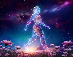 Obraz premium Cosmic being walking through a flower field under the stars
