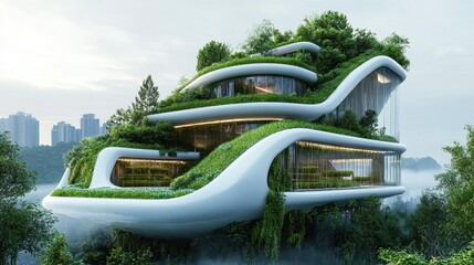 Futuristic Eco Friendly Building with Lush Greenery and City Skyline