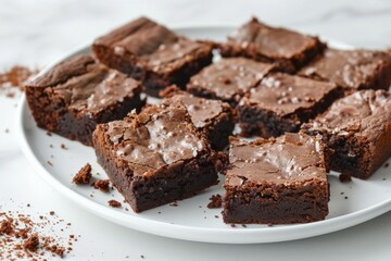 Decadent chocolate brownies on white plate. Artificial intelligence image