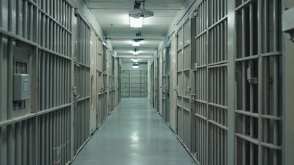 A long corridor with multiple prison cells