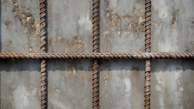 aged concrete wall background with rusty steel bars