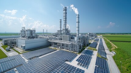 Obraz premium Expansive and technologically advanced industrial refinery plant producing energy fuel and steam in a rural agricultural landscape with solar panels and green fields