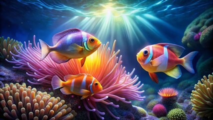 Obraz premium Colorful Tropical Fish Swimming Above Vibrant Coral Reef Scene