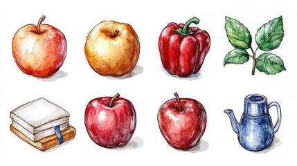 Watercolor Still Life: Apples, Pepper, Leaves, Books, and Teapot