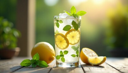 Fototapeta premium Refreshing Icy Lemonade + Fresh Mint & Citrus Slices + Summer Beverage + Drink Photography