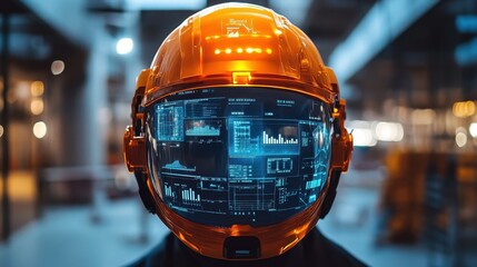 Futuristic Orange Helmet with Glowing Blue Digital Interface