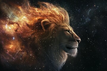 Naklejka premium Cosmic lion in space with fiery mane. AI generated