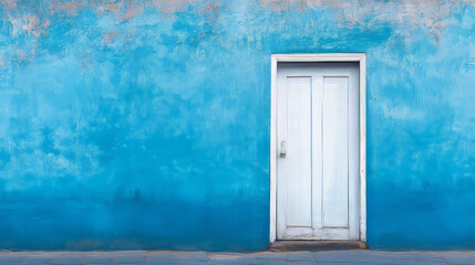 Closed white door on blue wall background. Vector