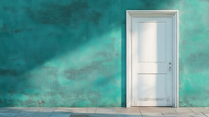 Closed white door on teal wall background