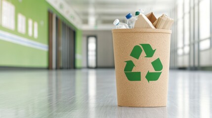 Recyclable materials in a light brown bin with a green recycling symbol, situated in a bright hallway with green walls.