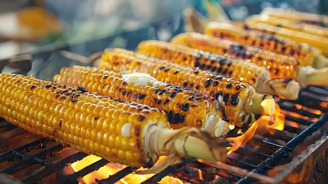 Grilled corn with butter grilling on a hot barbecue