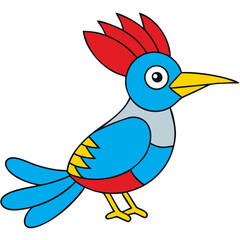 Cartoon Bird Illustration Colorful, Avian, Red Crest, Blue, Yellow, Simple Drawing