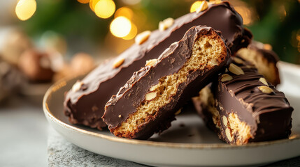 Artisan Chocolate Biscotti Elegantly Styled with Almond Crunch and Bokeh