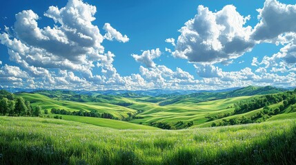 Fototapeta premium Serene Rolling Hills Landscape Under a Summer Sky