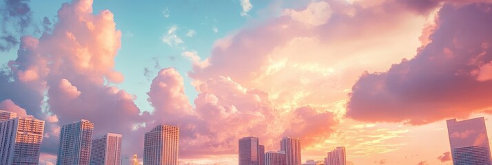 Pastel-colored Miami skyline at sunrise, serene clouds in the sky