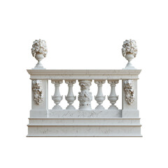 An ornate balustrade featuring decorative elements, including vases and floral motifs, crafted from a light-colored stone material.
