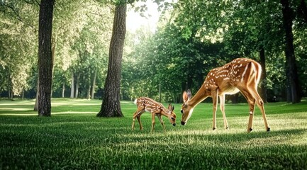 A mother deer and her fawn grazing peacefully in a lush meadow, sunlight filtering through the leave