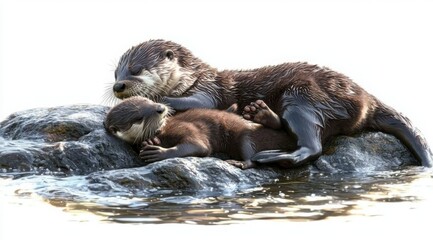 Fototapeta premium A mother otter affectionately embraces her cub on a rocky outcrop near the water's edge.