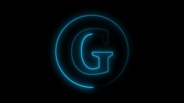 Animation of neon capital letter G on black background. Cyan color letter animation