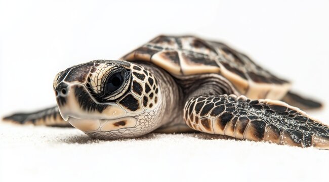 Close-up of a young sea turtle resting on sand, showcasing its intricate shell pattern and peaceful demeanor in natural light