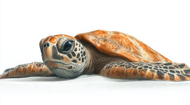 Sea turtle resting on the sand with intricate shell details and watchful eye.