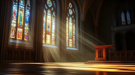 Obraz premium A podium in a large, empty church with stained glass windows casting colored light