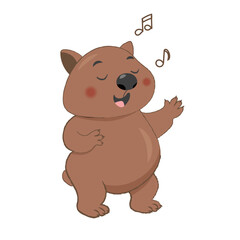 Cute wombat sing song illustration, cartoon clipart character, animal in flat style. Vector design isolated on white background for print, pattern, greeting card