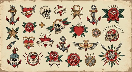 Collection of Colorful Traditional Tattoo Designs with Anchor, Skull, and Rose