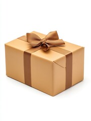 Obraz premium Tan gift box with brown ribbon and bow on white background