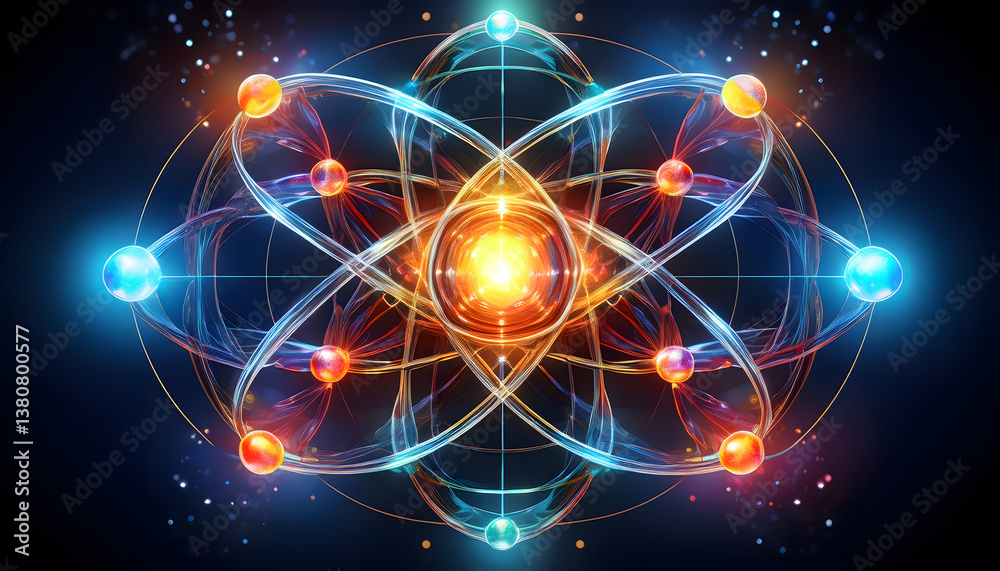 Poster Vibrant abstract depiction of atomic structure with colorful nodes and swirling lines against a dark background