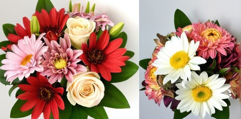 Two Vibrant Floral Bouquets Red, Pink, and Cream Roses and Daisies