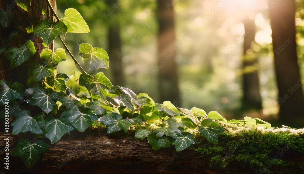 Poster Lush ivy drapes over a mossy log, illuminated by soft sunlight filtering through a serene forest backdrop, creating a tranquil atmosphere