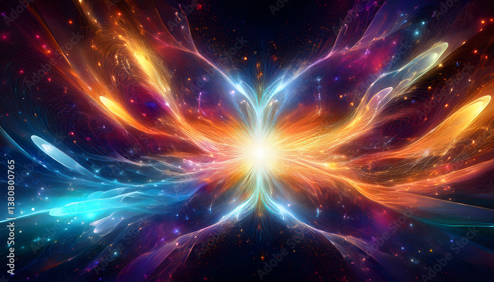 Poster vibrant abstract design representing cosmic energy and movement, with radiant colors and intricate l