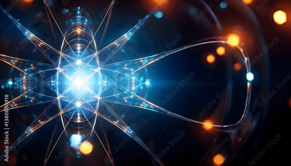Poster Abstract digital design featuring an intricate pattern of light and energy, symbolizing scientific concepts like atoms and particles