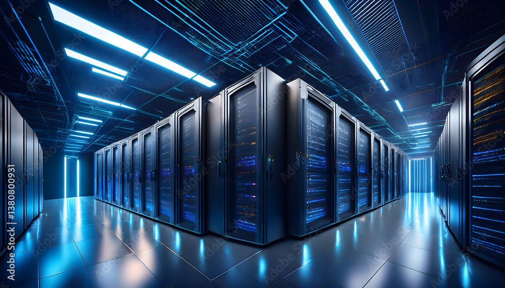Poster Futuristic data center with rows of server racks illuminated by blue lights and sleek reflective flooring
