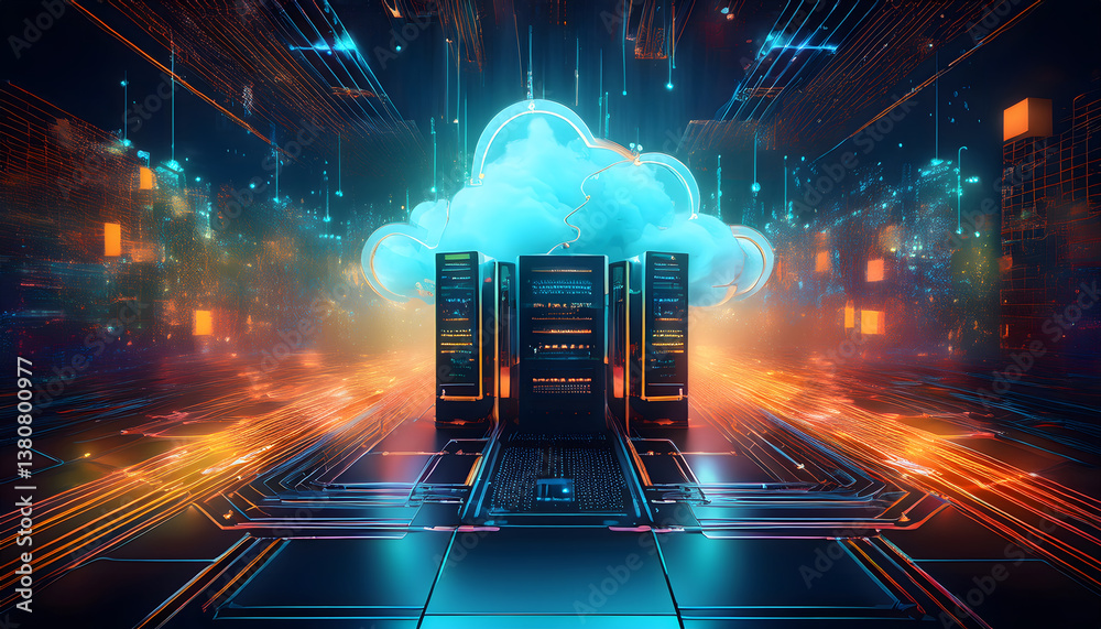 Poster Futuristic data center with cloud technology and glowing servers in a digital environment, representing advanced computing