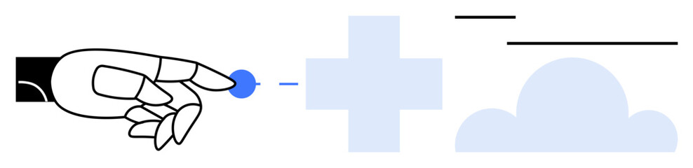 Fototapeta premium Robotic hand touching a blue sphere near a cloud and cross symbol. Ideal for technology, innovation, connectivity, artificial intelligence, cloud computing, future, automation. Flat simple metaphor