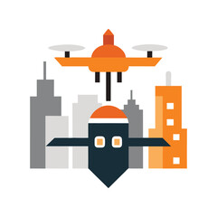 Fototapeta premium Colorful Vector Scene of a Drone Flying Over a Smart City