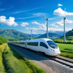 Naklejka premium High speed train travels through a green valley landscape with wind turbines under a bright blue sky.