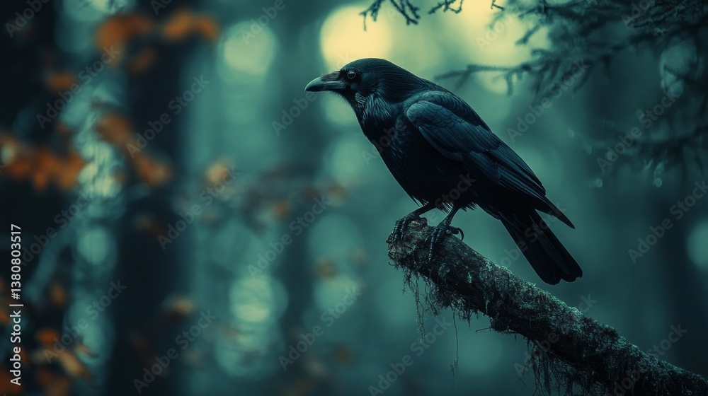 Poster a solitary raven stands on a moss-covered branch, its glossy feathers glistening in the twilight. th