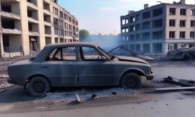 Naklejka premium Charred Car in a Destroyed Cityscape Under a Sunny Sky