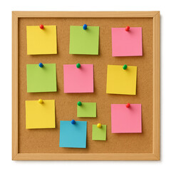 A bulletin board with colorful sticky notes on it. The notes are arranged in a grid pattern and are of various sizes and colors. Isolated on transparent background