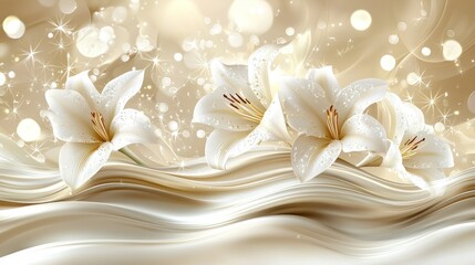 Elegant White Lilies on Beige Silk Waves with Sparkling Background