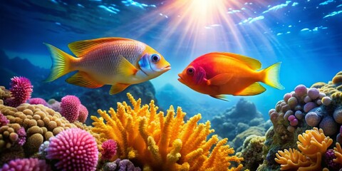 Obraz premium Colorful Fish Interacting in Vibrant Coral Reef Underwater Scene