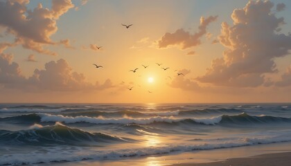 Obraz premium Ocean Waves at Sunset with Birds Flying Above the Horizon